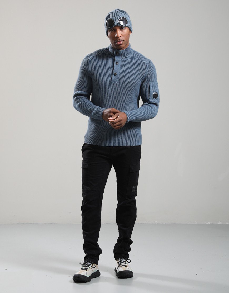 C.P. Company Full Rib Cotton Lens Half Button Knit Orion Blue