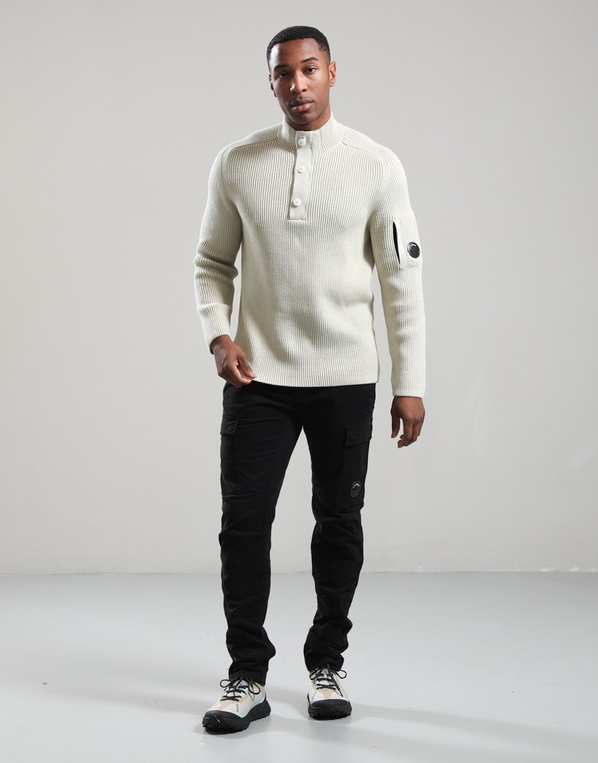 C.P. Company Full Rib Cotton Lens Half Button Knit Silver Birch