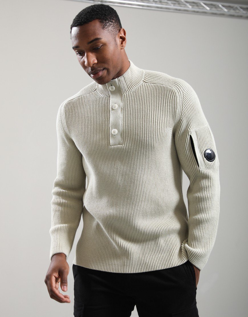 C.P. Company Full Rib Cotton Lens Half Button Knit Silver Birch