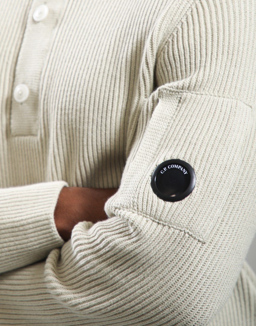C.P. Company Full Rib Cotton Lens Half Button Knit Silver Birch