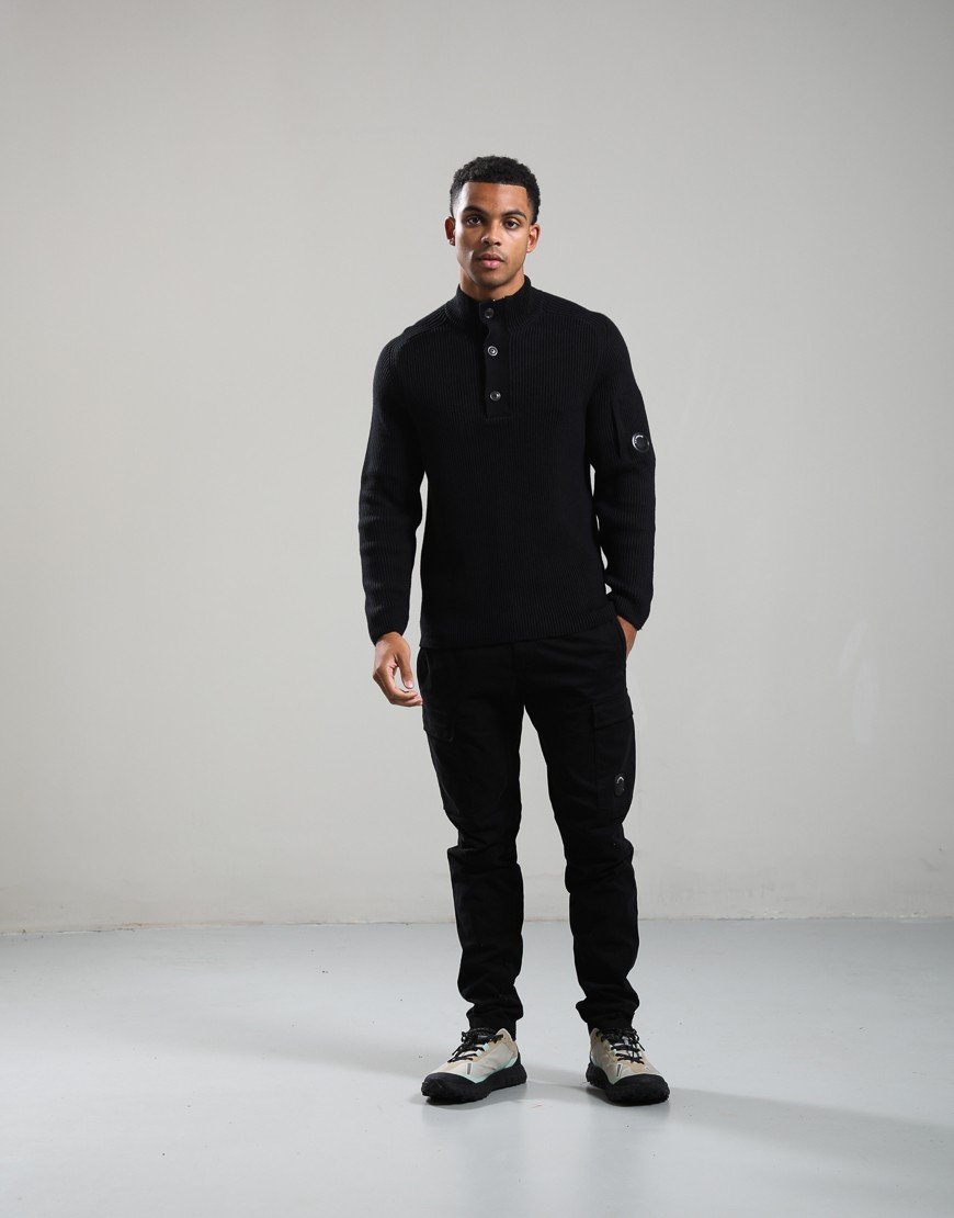 C.P. Company Full Rib Cotton Lens Half Button Knit Black