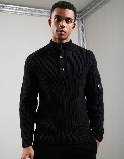 C.P. Company Full Rib Cotton Lens Half Button Knit Black