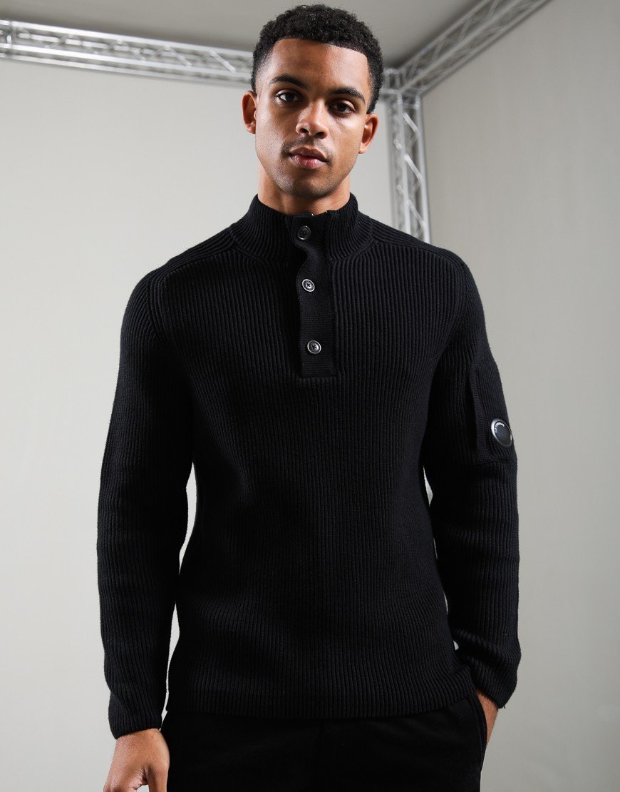 C.P. Company Full Rib Cotton Lens Half Button Knit Black
