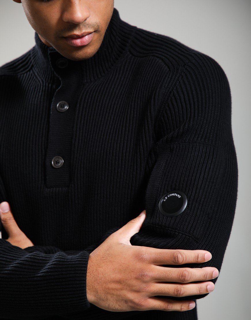 C.P. Company Full Rib Cotton Lens Half Button Knit Black