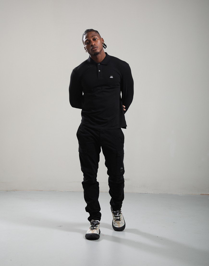 C.P. Company Stretch Piquet Long Sleeve Logo Polo black