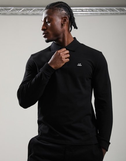 C.P. Company Stretch Piquet Long Sleeve Logo Polo black