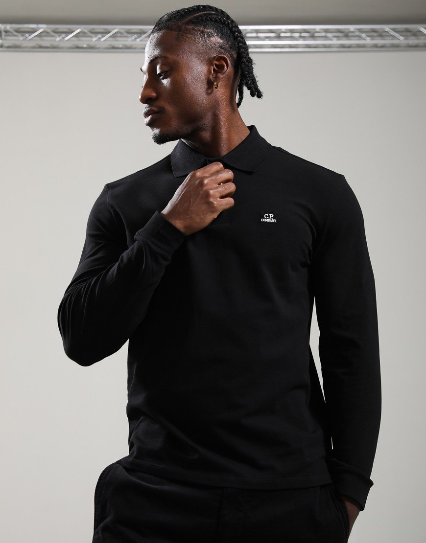 C.P. Company Stretch Piquet Long Sleeve Logo Polo black