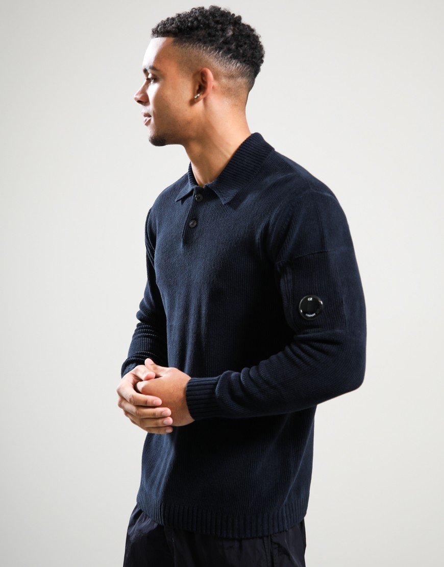 C P Company Chenille Cotton Long Sleeve Polo Shirt Total Eclipse 