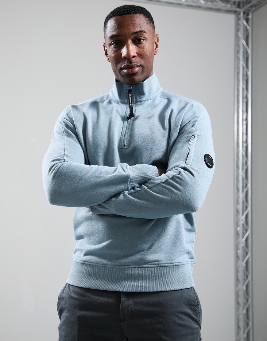 C.P. Company Diagonal Raised Fleece Half Zip Lens Sweat Silver Blue