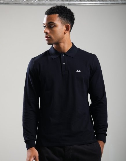 C.P. Company Stretch Piquet Long Sleeve Logo Polo Shirt Total Eclipse