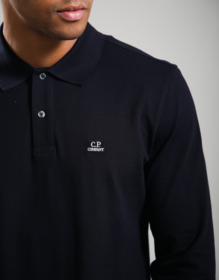 C.P. Company Stretch Piquet Long Sleeve Logo Polo Shirt Total Eclipse