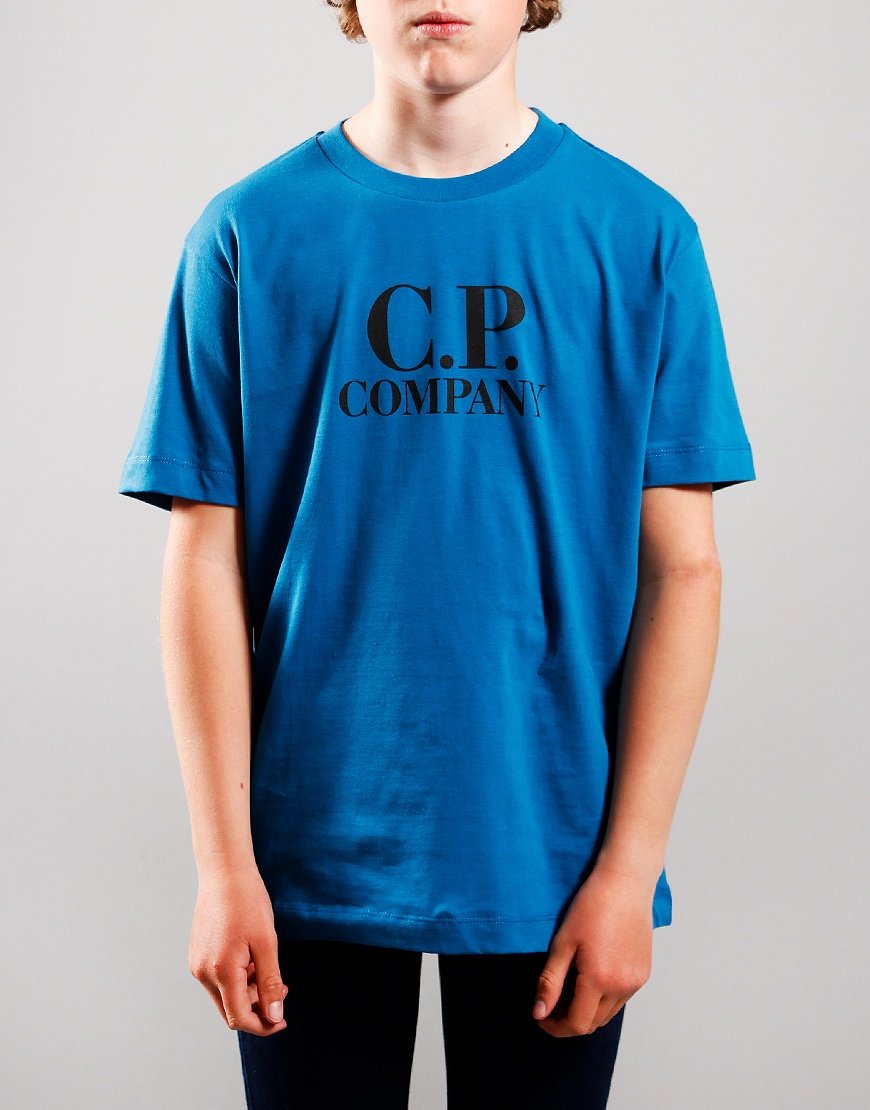 C P Company Kids Chest Logo Hood Print T Shirt Lyons Blue Terraces Menswear