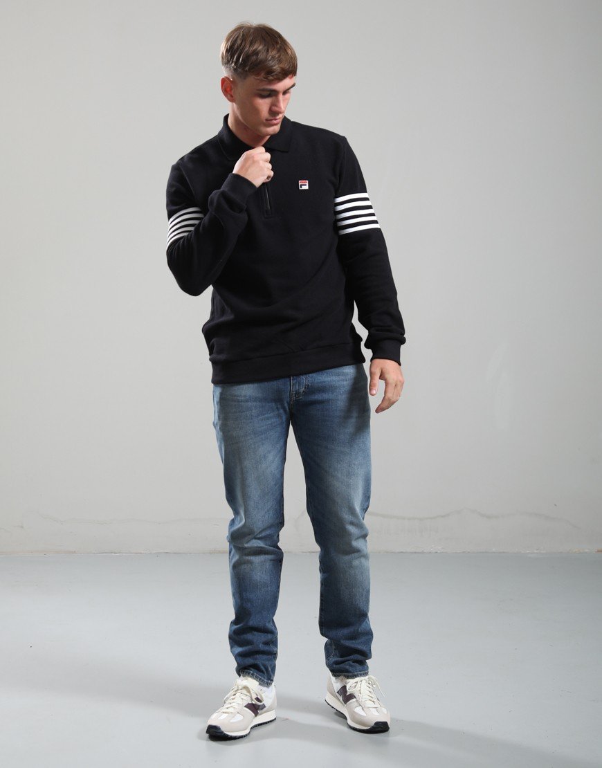 Fila Vintage Luis 1/4 Zip Long Sleeve Polo Shirt Black/White