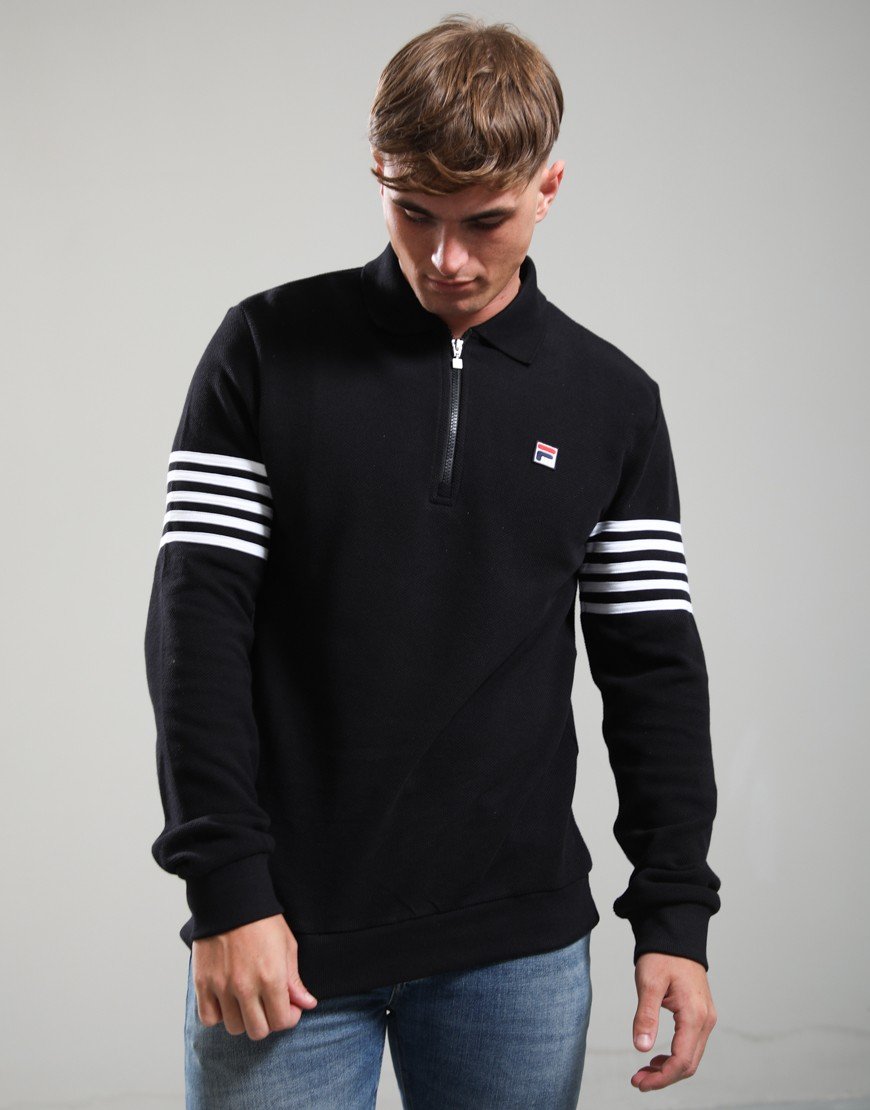 Fila Vintage Luis 1/4 Zip Long Sleeve Polo Shirt Black/White