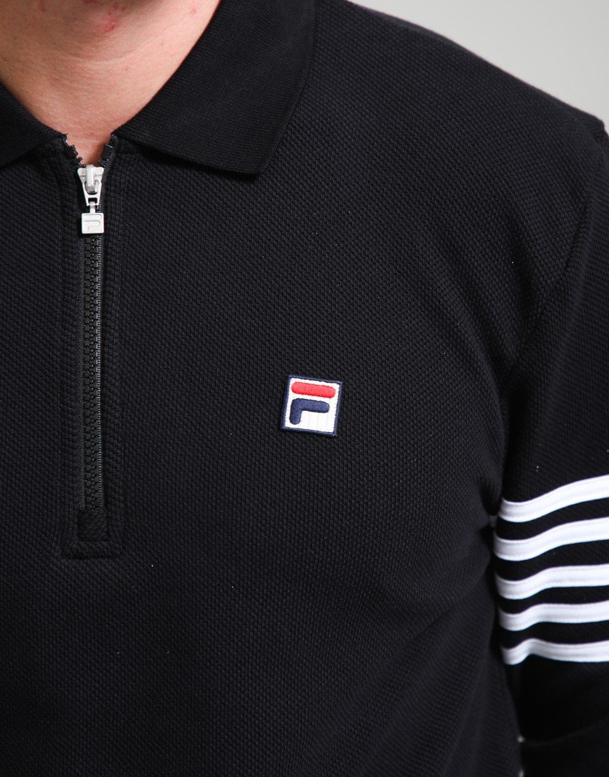 Fila Vintage Luis 1/4 Zip Long Sleeve Polo Shirt Black/White