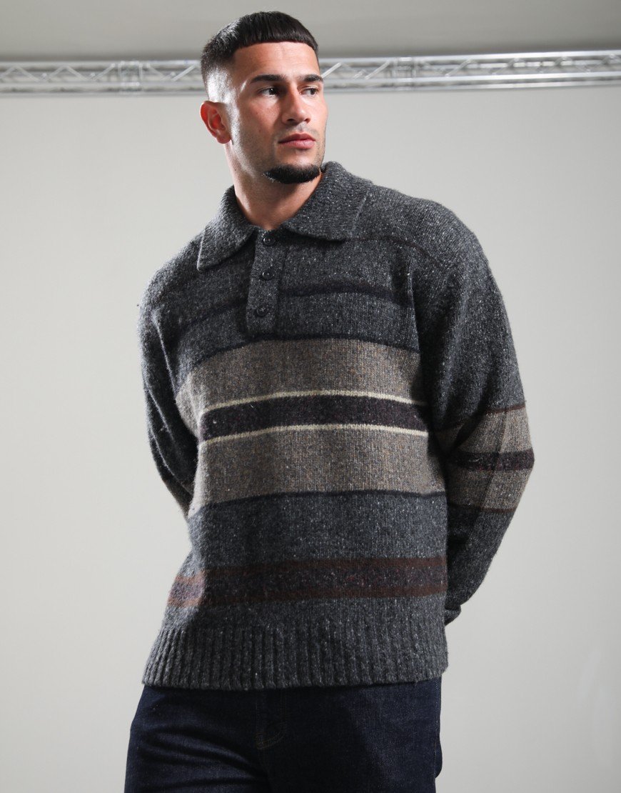 Forét Dawn Stripe Knit Polo Grey Melange