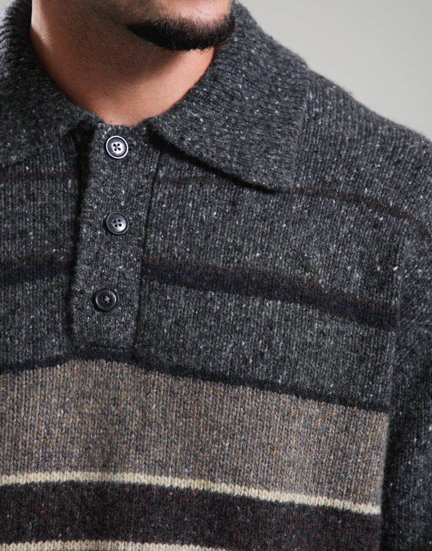 Forét Dawn Stripe Knit Polo Grey Melange