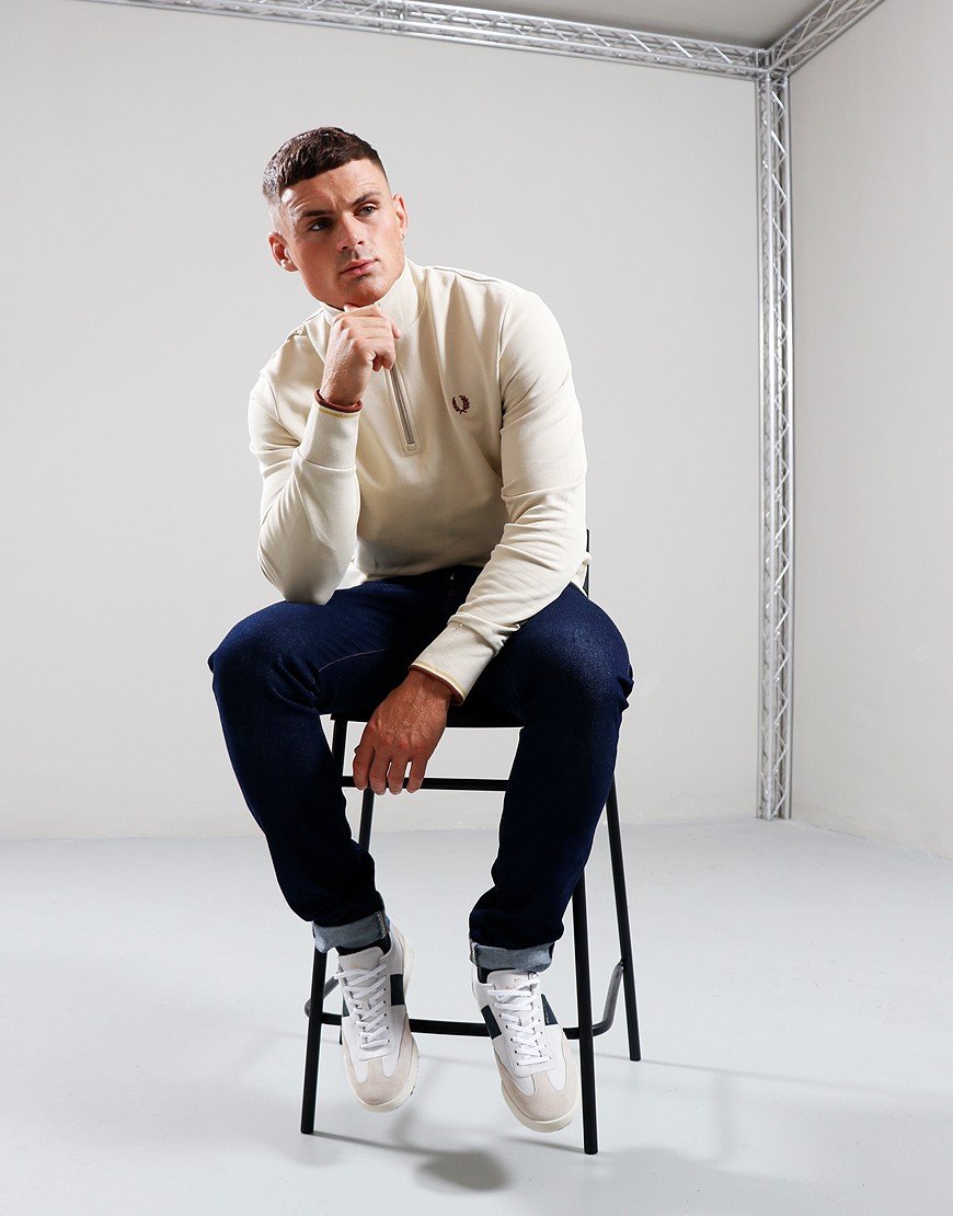 Fred Perry Half Zip Sweat Oatmeal/Whiskey Brown - Terraces Menswear
