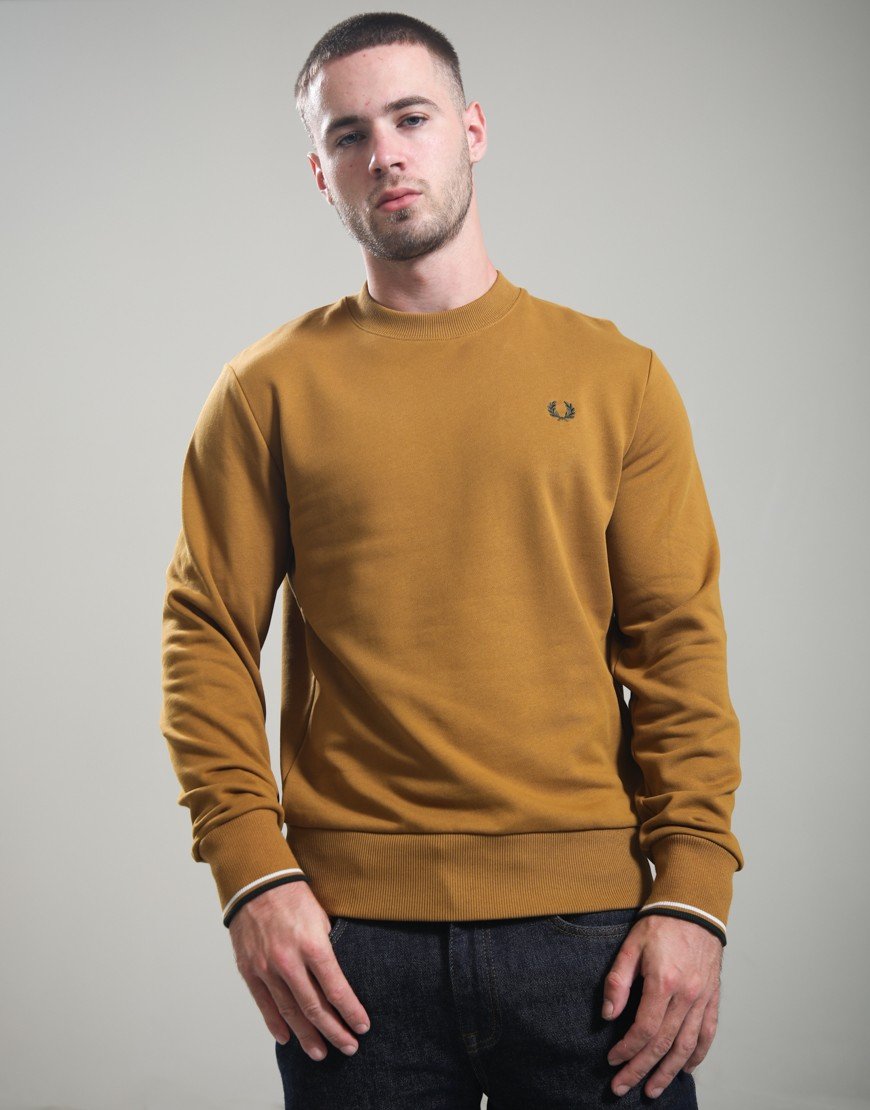 Fred Perry Crew Neck Sweatshirt Dark Caramel/Dusky Blue/Night Green