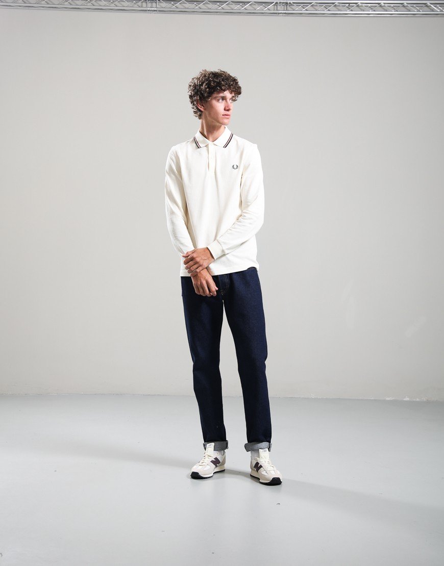 Fred Perry Long Sleeve Twin Tipped Polo Shirt Ecru/Brandy/Night Green