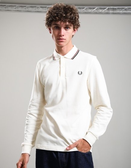 Fred Perry Long Sleeve Twin Tipped Polo Shirt Ecru/Brandy/Night Green