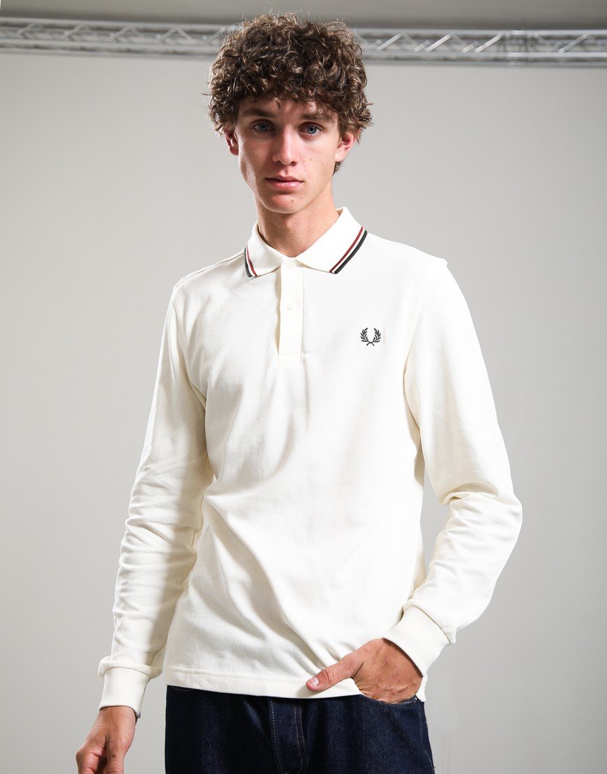 Fred Perry Long Sleeve Twin Tipped Polo Shirt Ecru/Brandy/Night Green