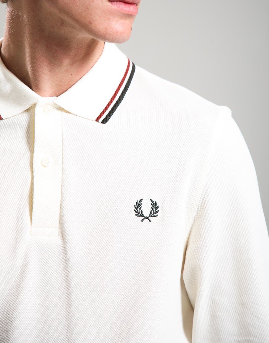 Fred Perry Long Sleeve Twin Tipped Polo Shirt Ecru/Brandy/Night Green