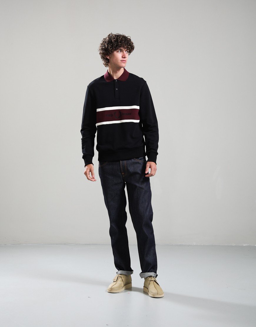 Fred Perry Embroidered Panel Collared Polo Shirt Black