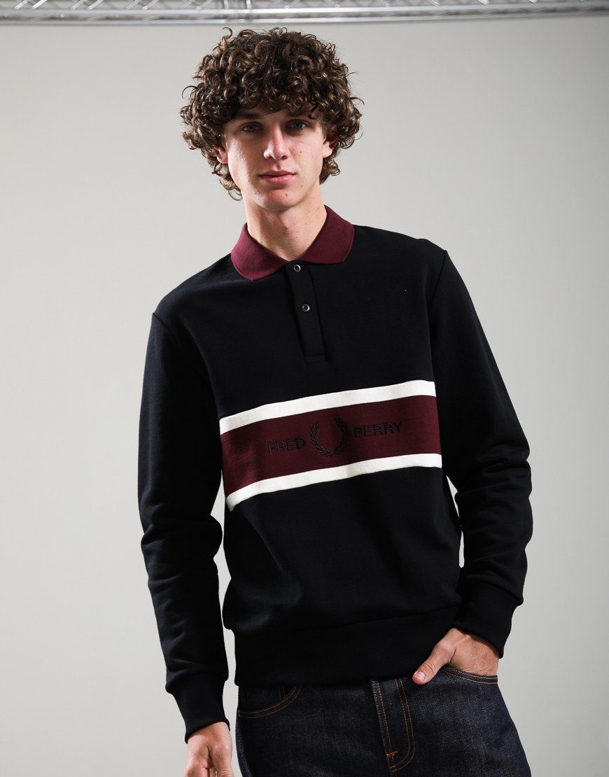 Fred Perry Embroidered Panel Collared Polo Shirt Black
