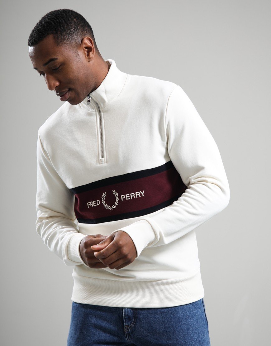 Fred Perry Embroidered Panel Half Zip Sweat Ecru