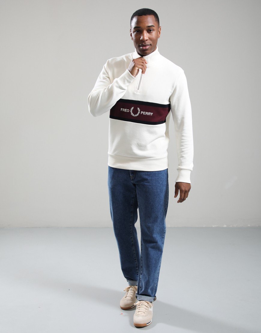 Fred Perry Embroidered Panel Half Zip Sweat Ecru