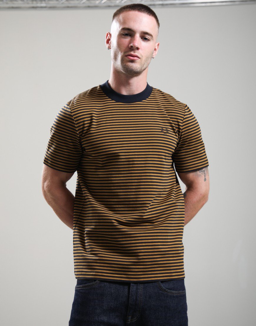Fred Perry Fine Stripe Heavyweight T-Shirt Dark Caramel