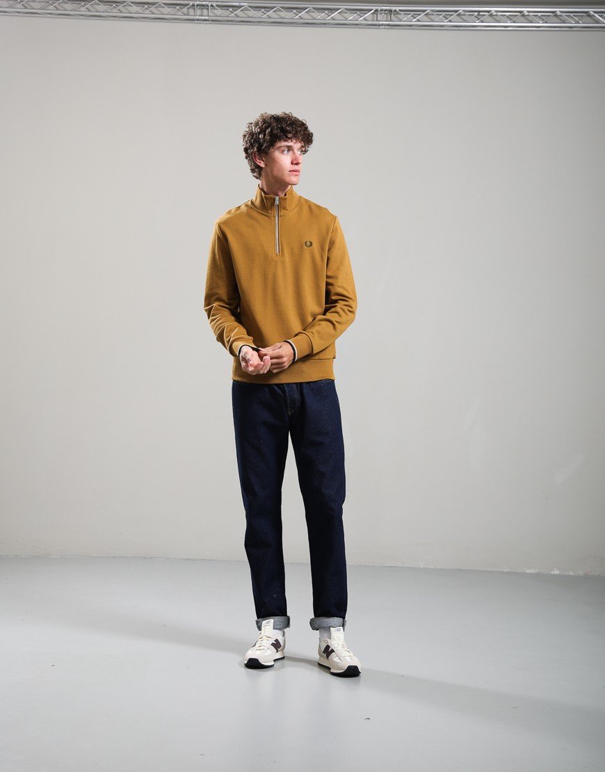 Fred Perry Half Zip Sweat Dark Caramel/Dusky Blue/Night Green