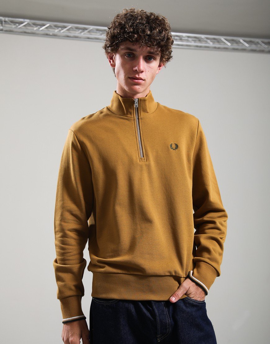 Fred Perry Half Zip Sweat Dark Caramel/Dusky Blue/Night Green