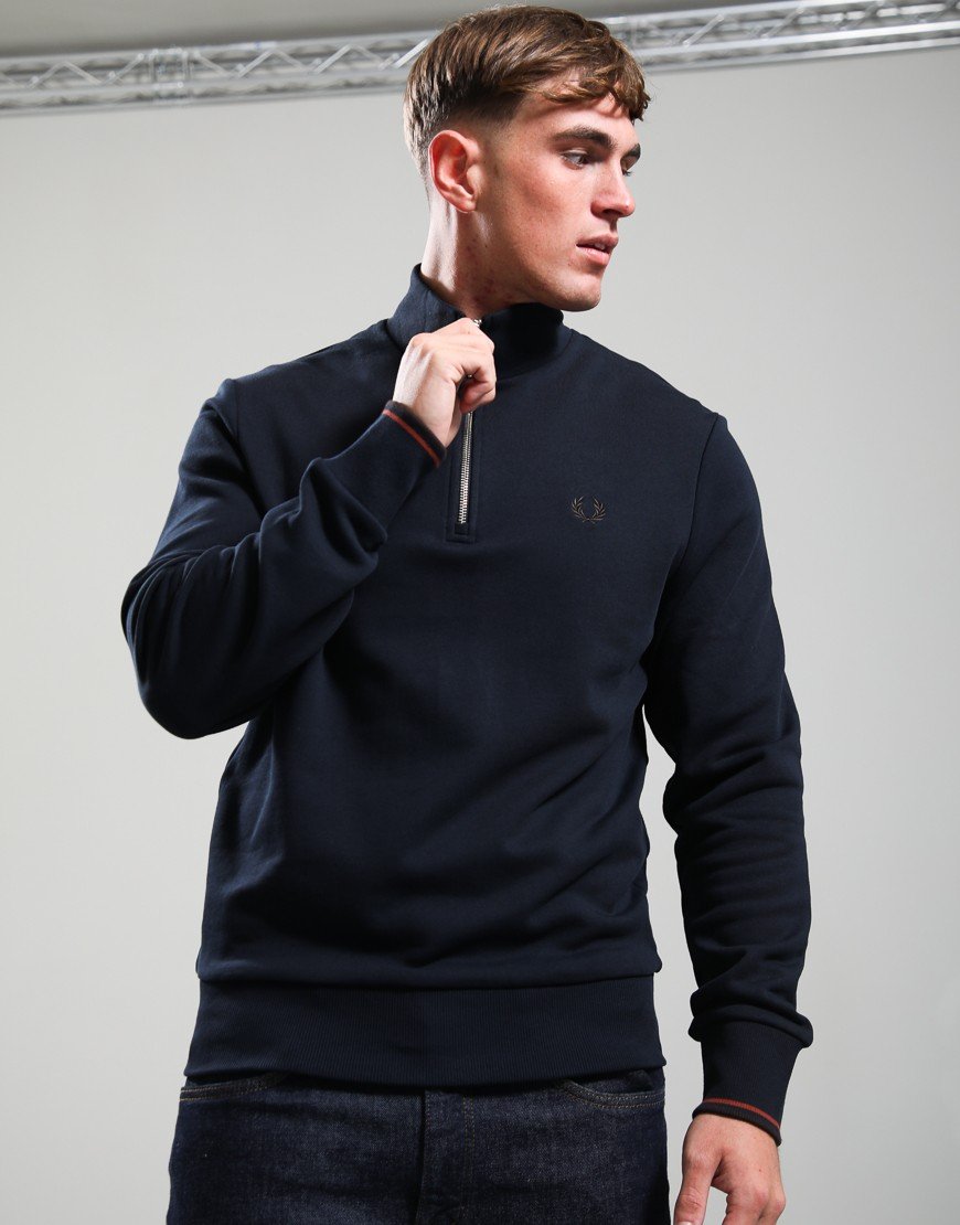 Fred Perry Half Zip Sweatshirt Navy/Brandy/Rich Brown
