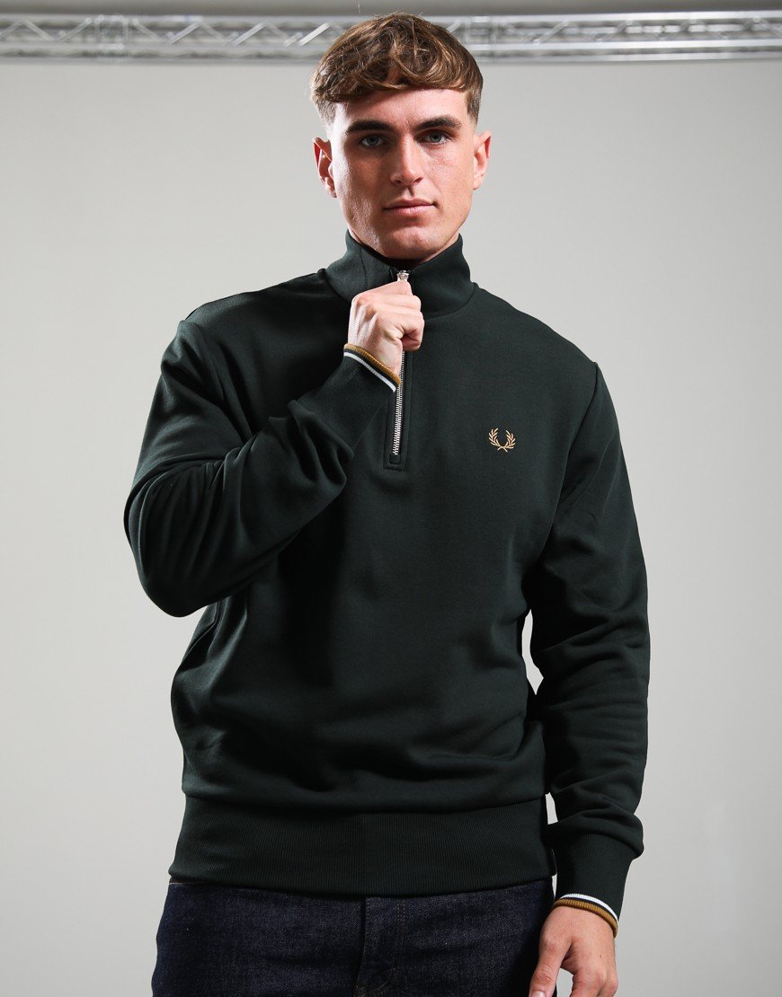 Fred Perry Half Zip Sweatshirt Night Green/Dark Caramel
