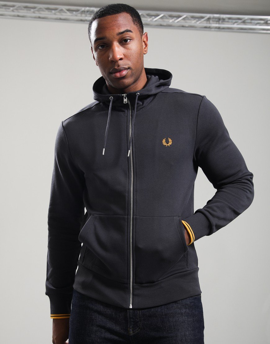 Fred Perry Hooded Zip Through Sweatshirt Anchor Grey/Golden