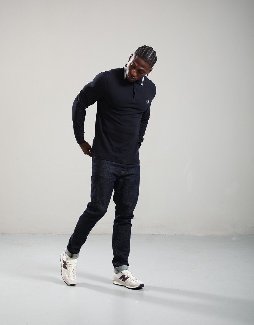 Fred Perry Long Sleeve Twin Tipped Polo Shirt Navy/Ecru/Silver Blue