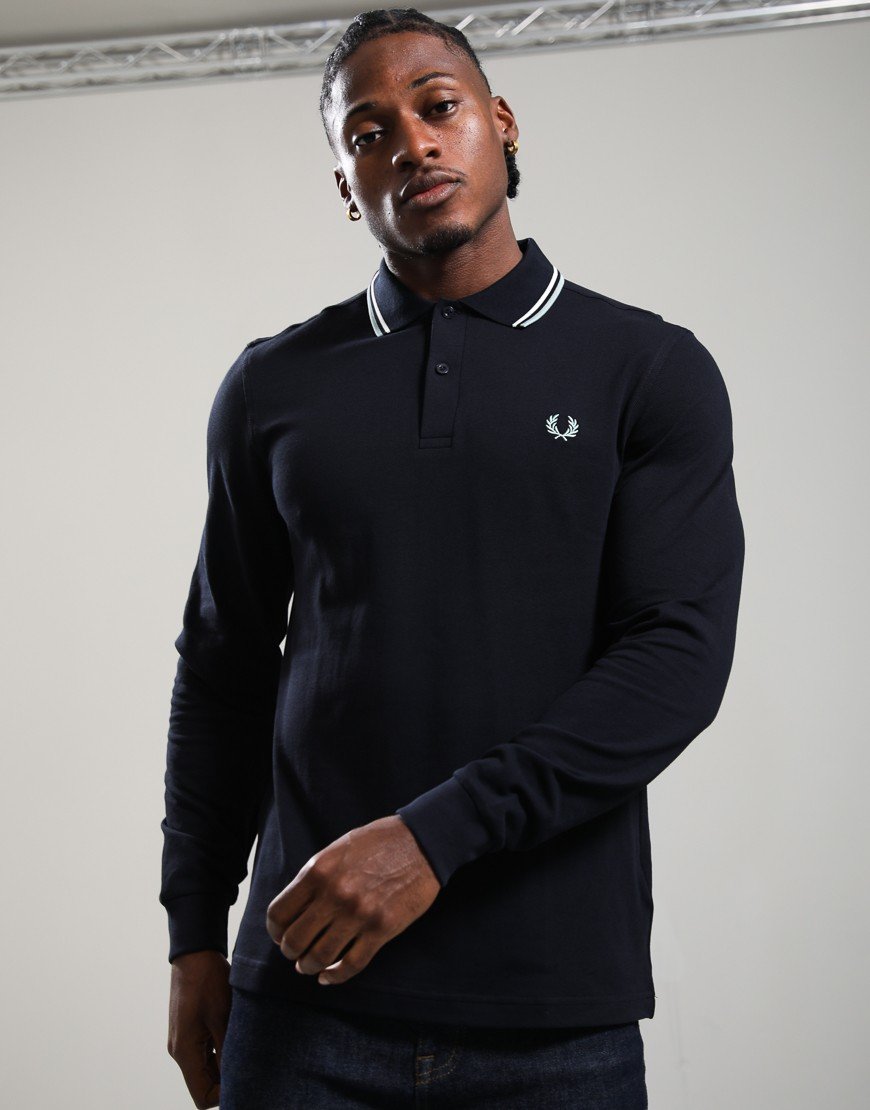 Fred Perry Long Sleeve Twin Tipped Polo Shirt Navy/Ecru/Silver Blue