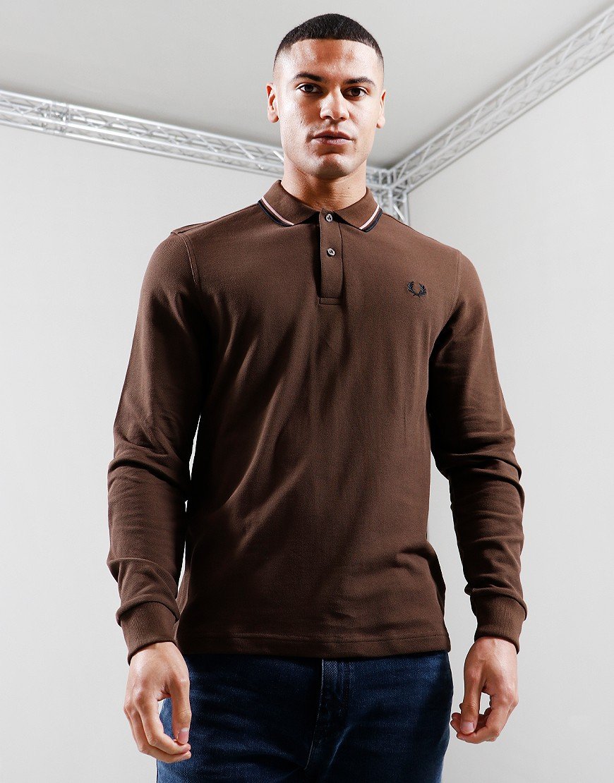 Fred Perry Long Sleeve Twin Tip Polo Shirt Burnt Tobacco/Dark Pink/Black