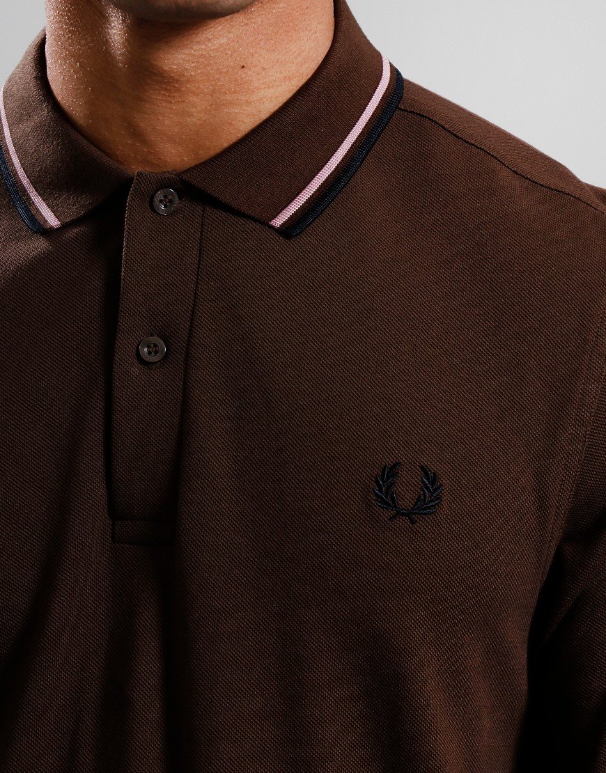 Fred Perry Long Sleeve Twin Tip Polo Shirt Burnt Tobacco/Dark Pink/Black