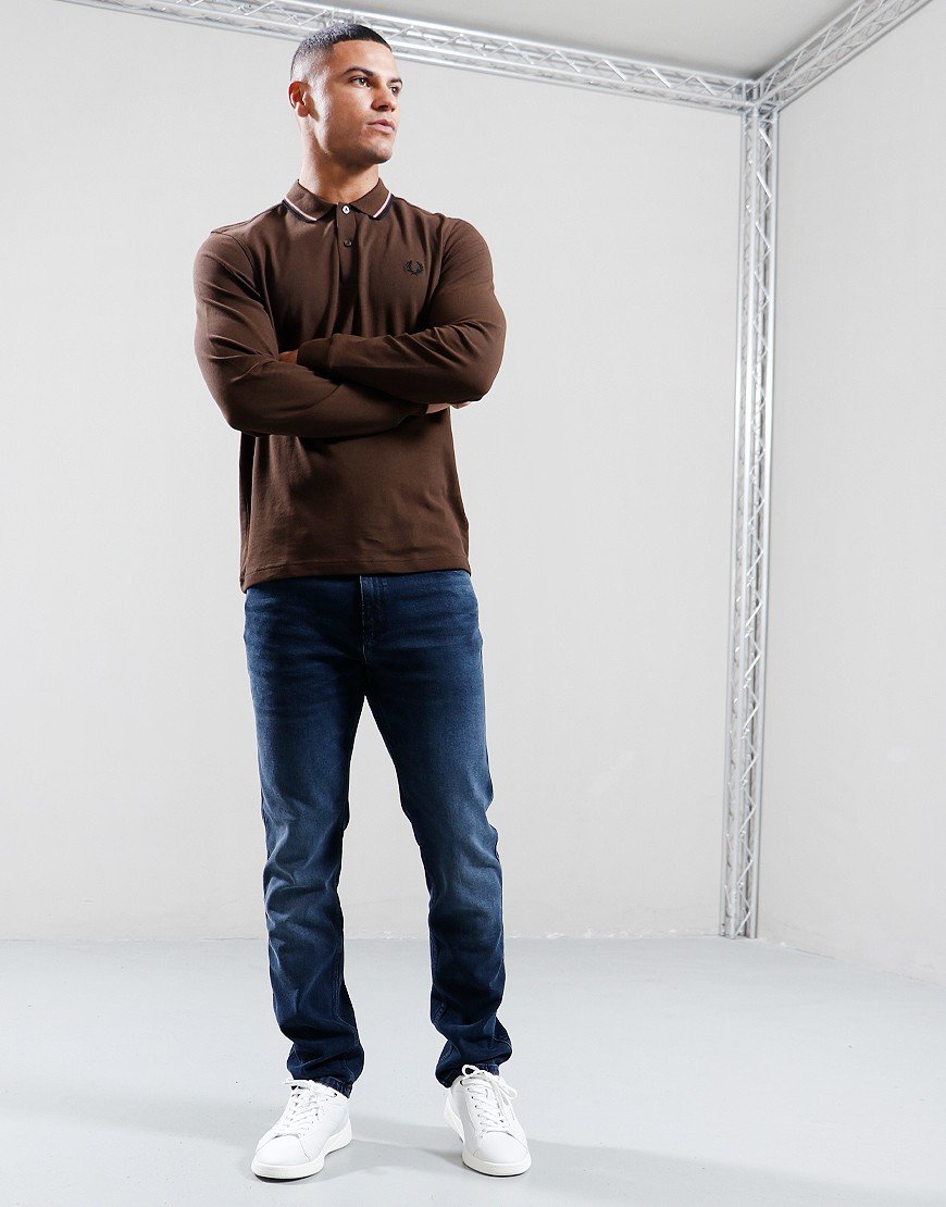 Fred Perry Long Sleeve Twin Tip Polo Shirt Burnt Tobacco/Dark Pink/Black