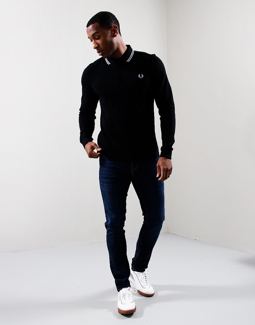 Fred Perry Twin Tip Long Sleeve Polo Shirt Black/Snow/Blue