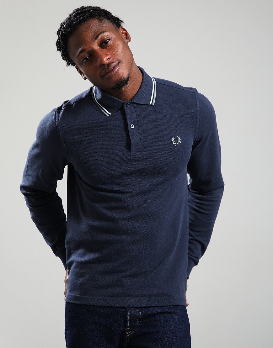 Fred Perry Twin Tip Long Sleeve Polo Shirt Dark Airforce/Ice/Bayleaf