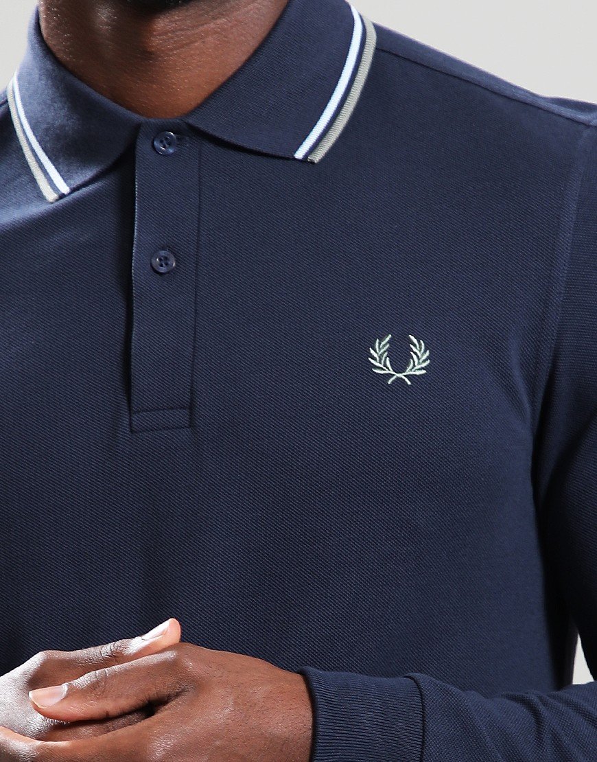 Fred Perry Twin Tip Long Sleeve Polo Shirt Dark Airforce/Ice/Bayleaf