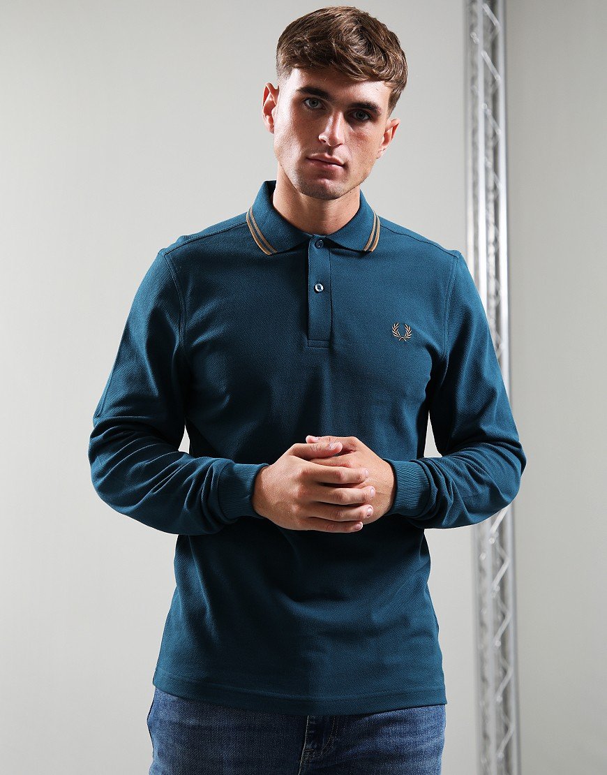 Fred Perry Long Sleeve Twin Tipped Polo Shirt Dark Petrol/Stone