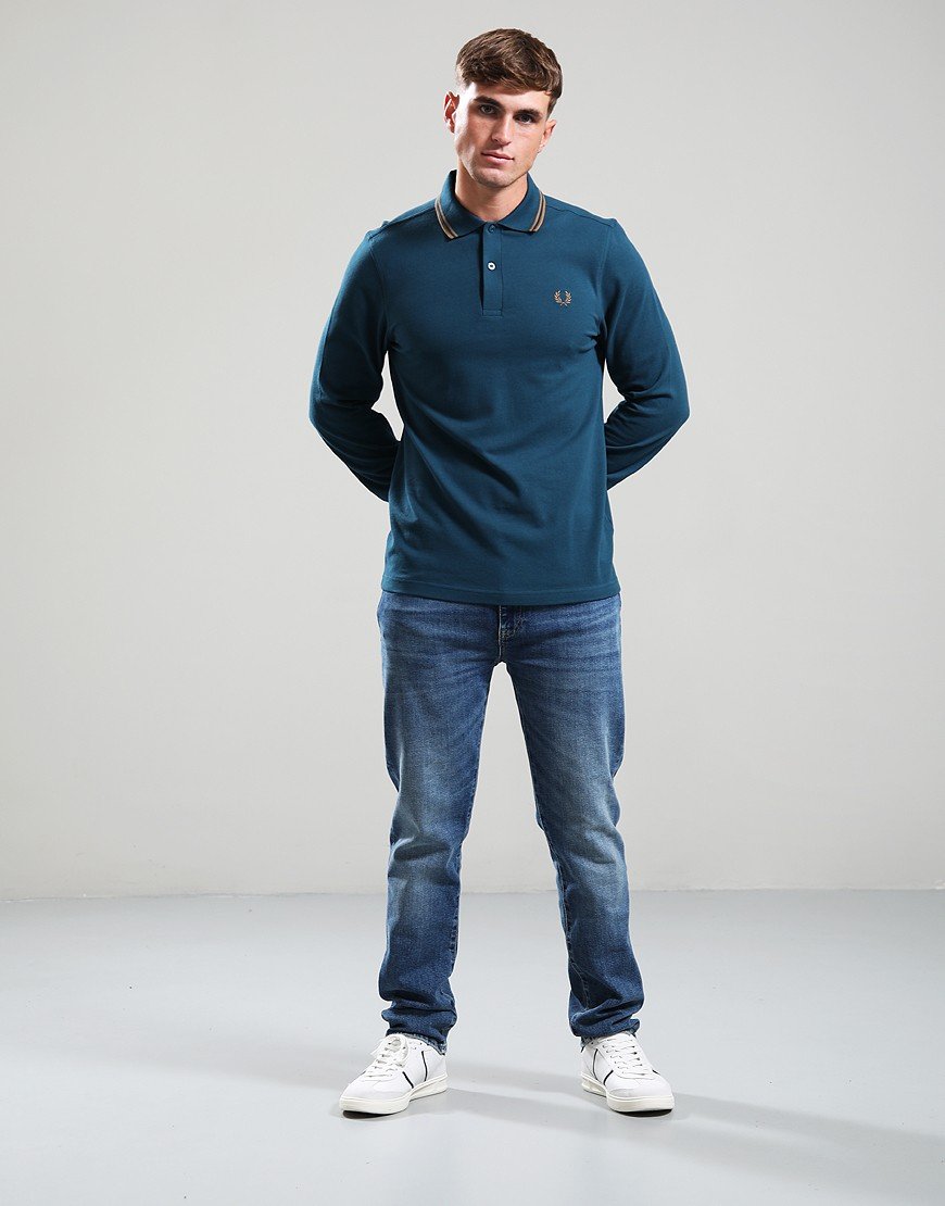Fred Perry Long Sleeve Twin Tipped Polo Shirt Dark Petrol/Stone