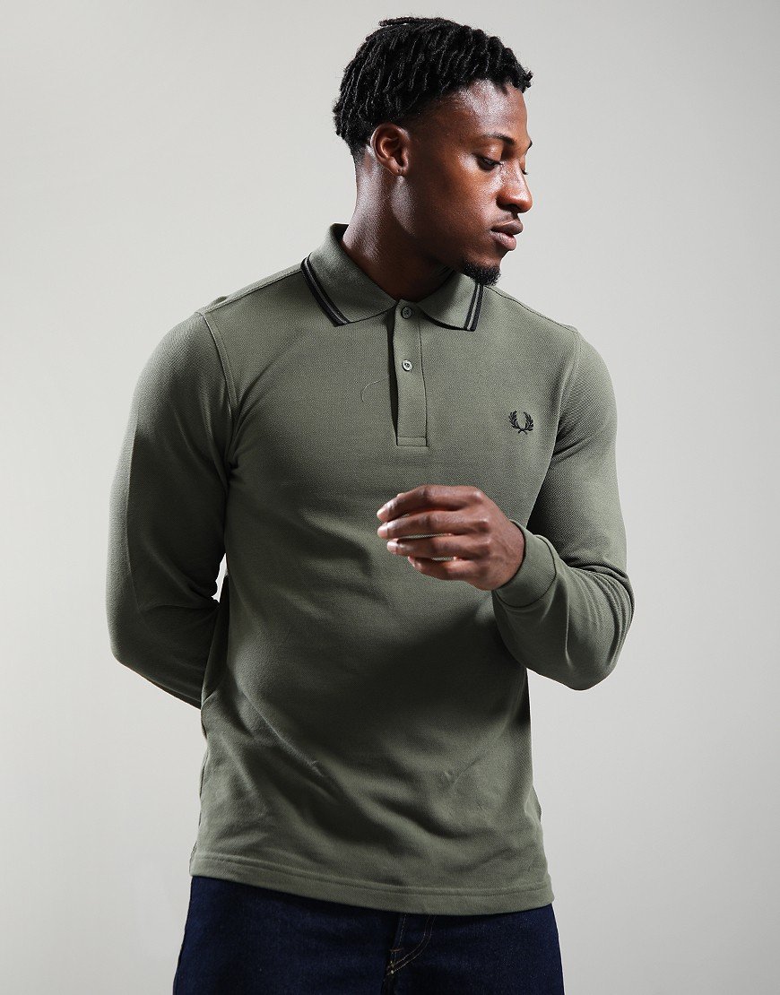 Fred Perry Twin Tip Long Sleeve Polo Shirt Laurel Wreath Green/Black