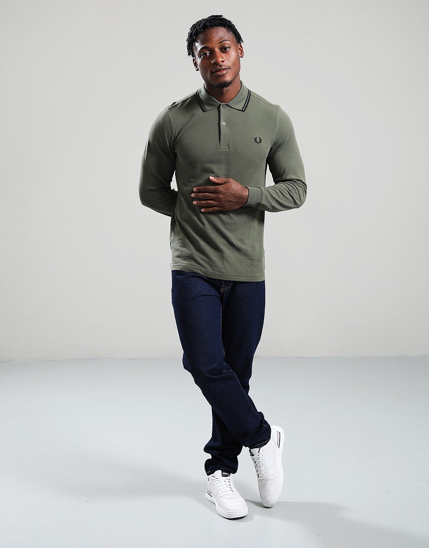 Fred Perry Twin Tip Long Sleeve Polo Shirt Laurel Wreath Green/Black