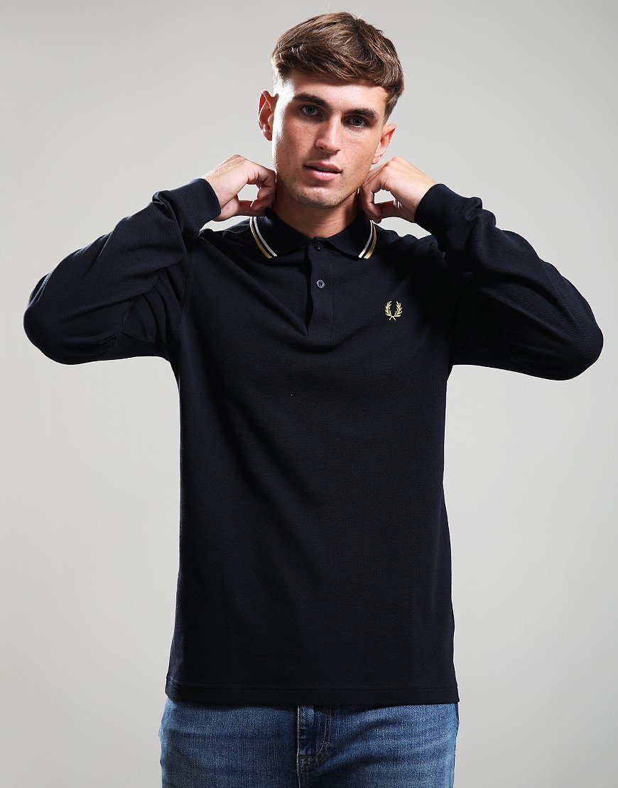 Fred Perry Long Sleeve Twin Tipped Polo Shirt Navy/Ecru/Honeycomb